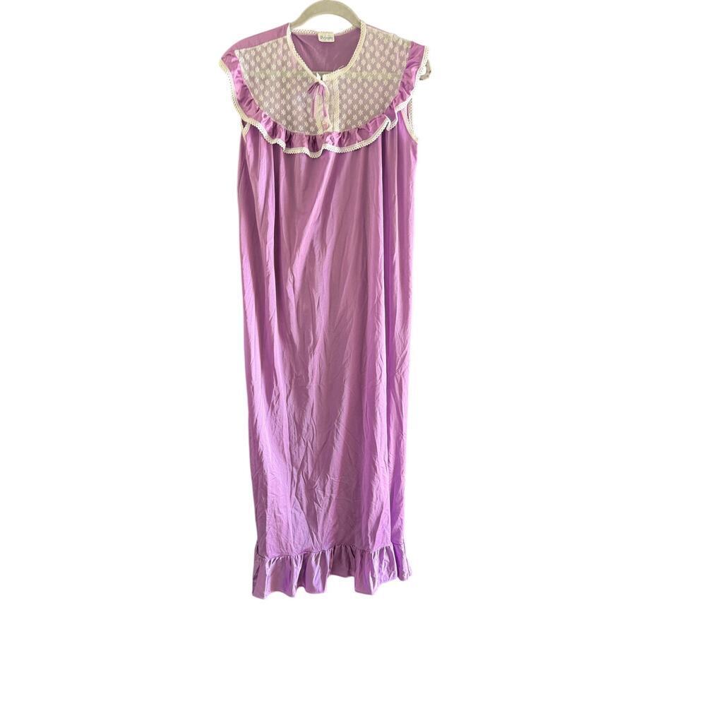 Bernette Nightgown Ruffle Bow Front Lace Purple White Size Large